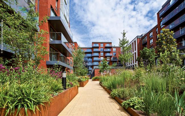 Courtyard with blooming plant beds and a pathway surrounded by residential buildings